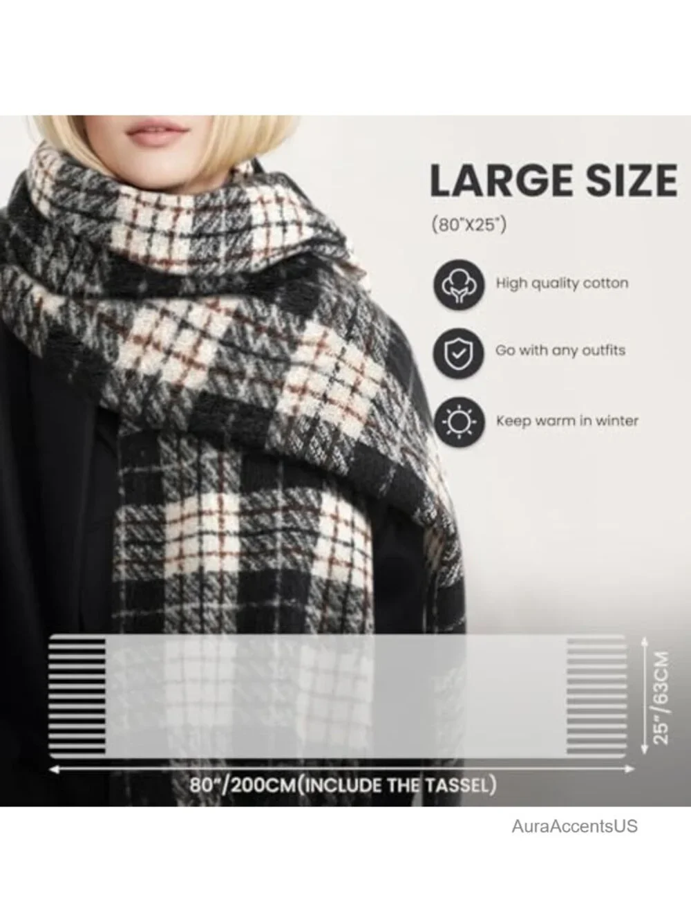 Oversized Plaid Winter Scarf Shawl Wrap Tassel Cashmere Feel Blanket Scarf